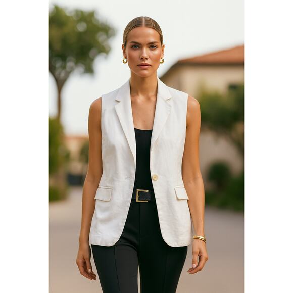 Alice + Olivia White Linen Single Breasted Preppy Vest Small Workwear Summer - Picture 1 of 7